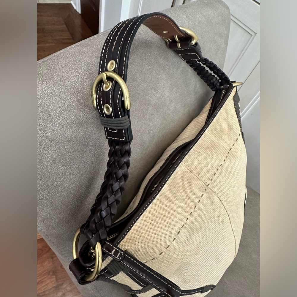 COACH Purse Shoulder Bag 4711 Angora Straw Burlap Beige w/ Genuine Brown Leather - Picture 9 of 14